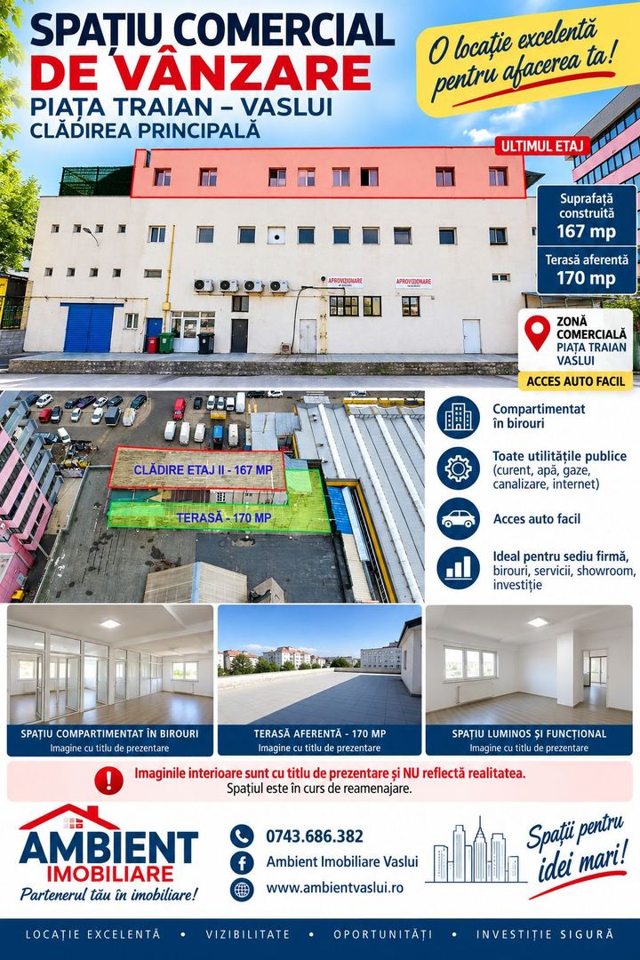 SPAȚIU COMERCIAL 167 mp + TERASĂ 170 mp, ETAJ 2, PIAȚA TRAIAN – VASLUI - Poză 1