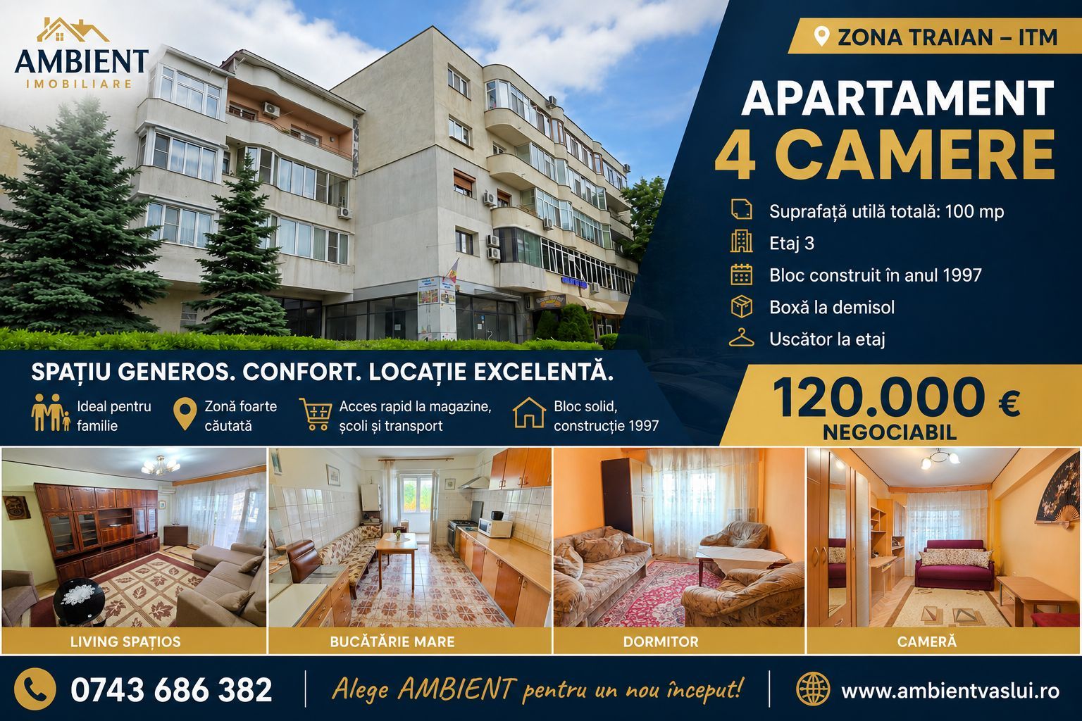 Apartament cu 4 camere, SC -133 mp, etaj 3, VASLUI - zona TRAIAN - ITM; - Poză 1