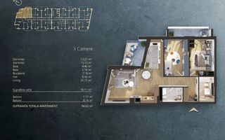 Vanzare 3 camere- 78 mp + 2 balcoane– parcare- Cartier Iris - Poză 14