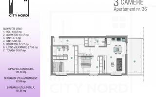 Apartament 36 – 3 camere – 92.6 mp – Terasă – Etaj 3R - Poză 1