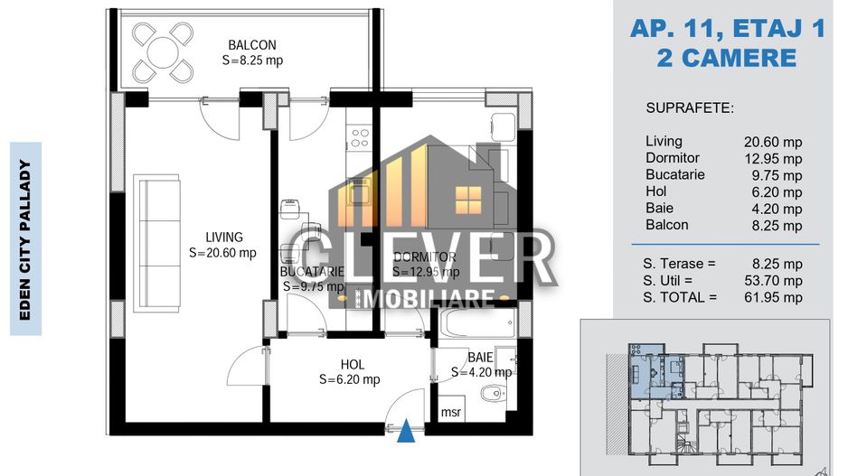 2 Camere Decomandat | 62 mp | Zona Victor Brauner | Nou - Schiță 8