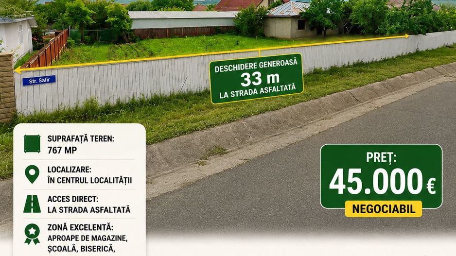 TEREN INTRAVILAN 767 mp, deschidere 33 m, SATU NOU, la 5 km de VASLUI; - Poză 1
