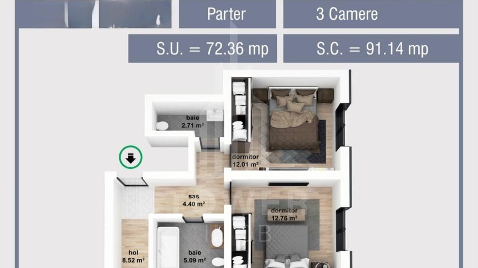 Apartament 3 camere |2 băi | Încălzire în pardoseală | Parcare |Calea Șurii Mici - Poză 12