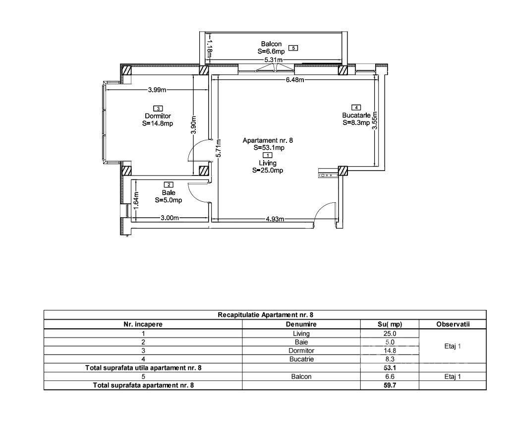 Apartament 2 Camere 53 mp | Bloc Nou 2023 | Lift | Terra, Floresti - Schiță 4