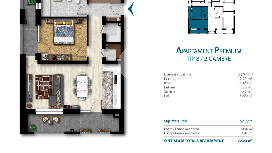 Apartament cu 2 camere, 57 mp utili, bloc nou, cartier Unirii - Schiță 12