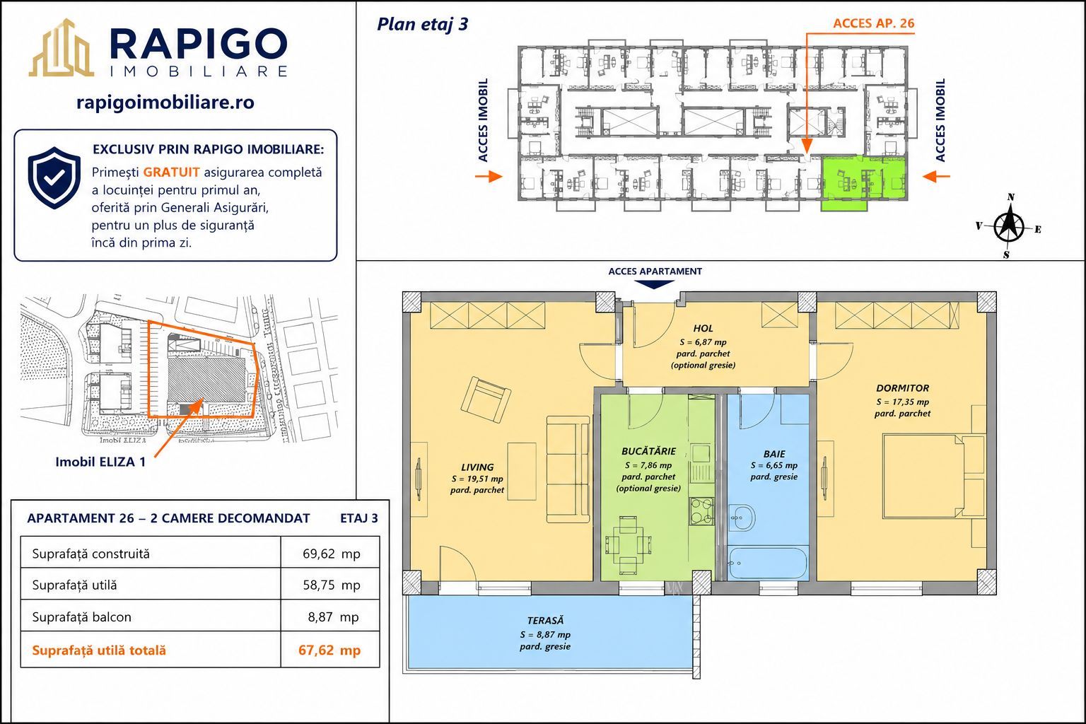 Apartamentul nr. 26 | 2 camere decomandat | Etaj 3 | Terasă 8,87 mp | - Poză 1