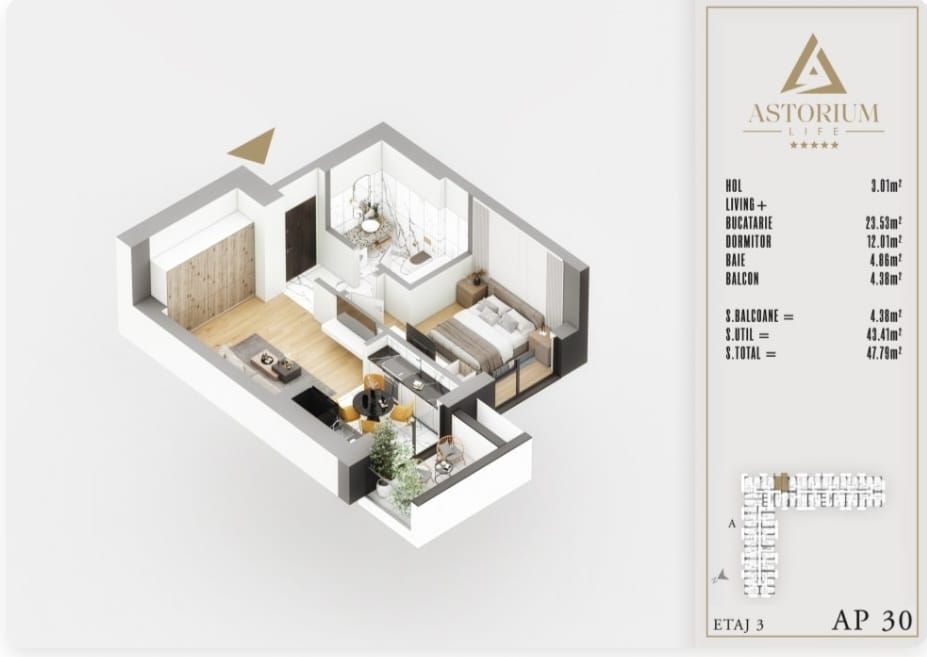 AP. 2CAM. CU LIVING OPEN-SPACE / ETAJ 3,BLOC FINALIZAT. ASTORIUM! - Poză 4