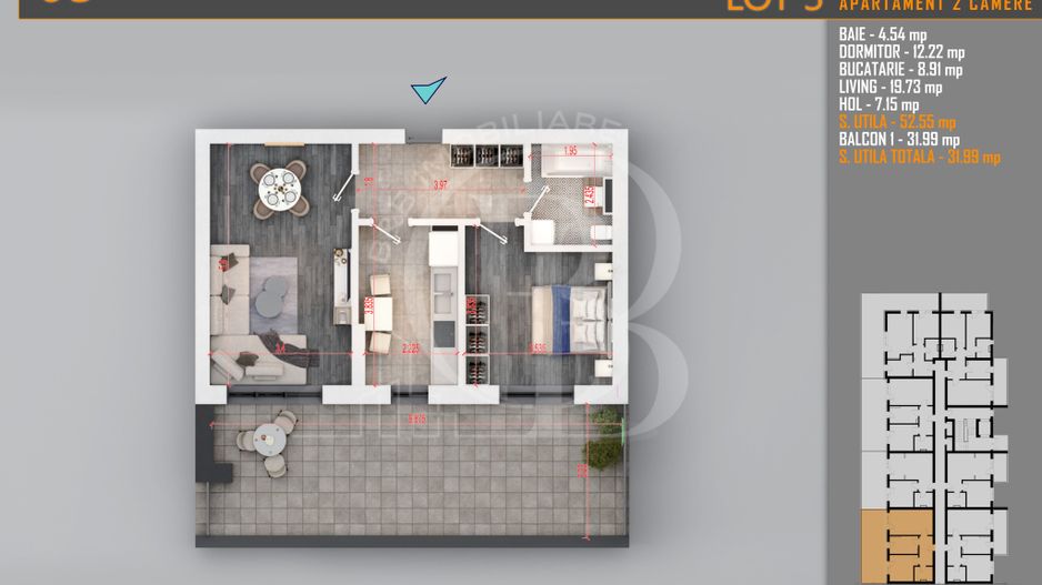 Apartament 2 camere cu terasa Titan-Pallady-Metrou Teclu - Schiță 7