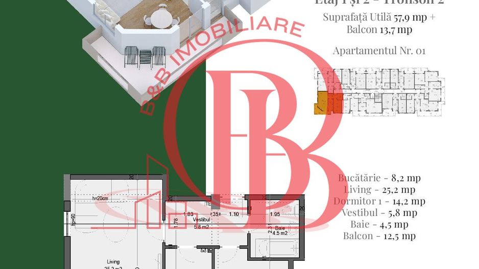 2 Camere Living 25mp+Dormitor 14mp Theodor Pallady - Schiță 2