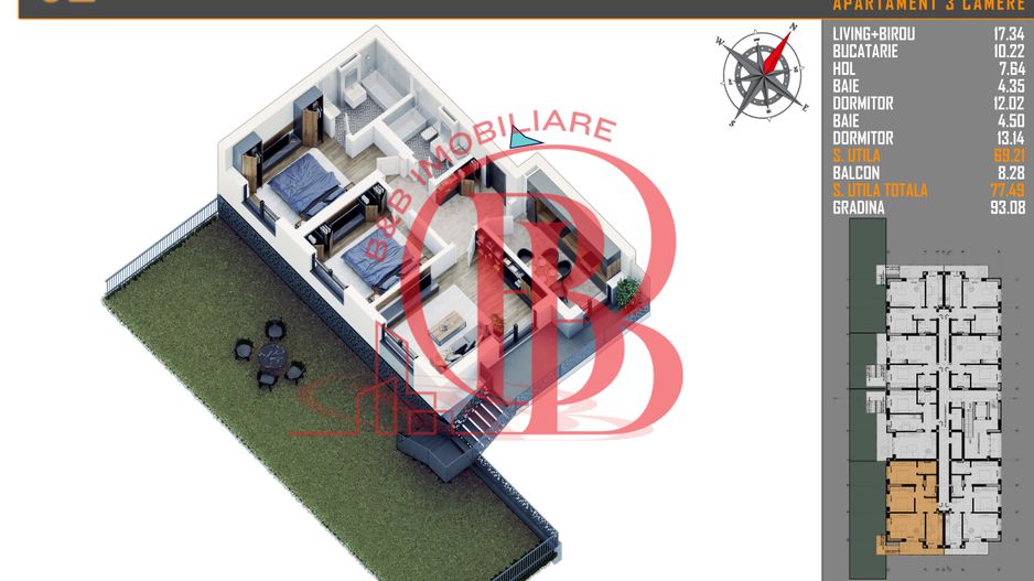 3 camere cu gradina- parcare bonus -  Pallady -  comision 0% - Schiță 1