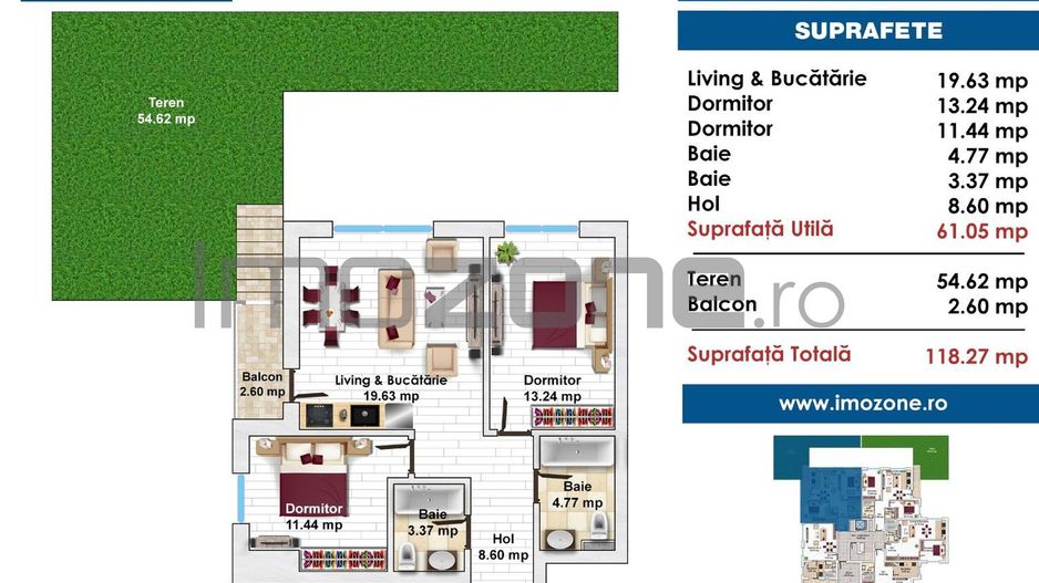 3 CAMERE LA PARTER CU CURTE PROPRIE DE 57MP,  2 BAI, POZITIE PE SUD, COMISION 0% - Poză 21