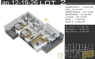 Parcare Bonus-Theodor Pallady-3 camere-Doua Bai-Decomandat - Schiță 14