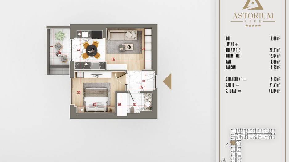 Apart 2 camere 47mp FINALIZAT Astorium Life Pallady cladirea A - Poză 3
