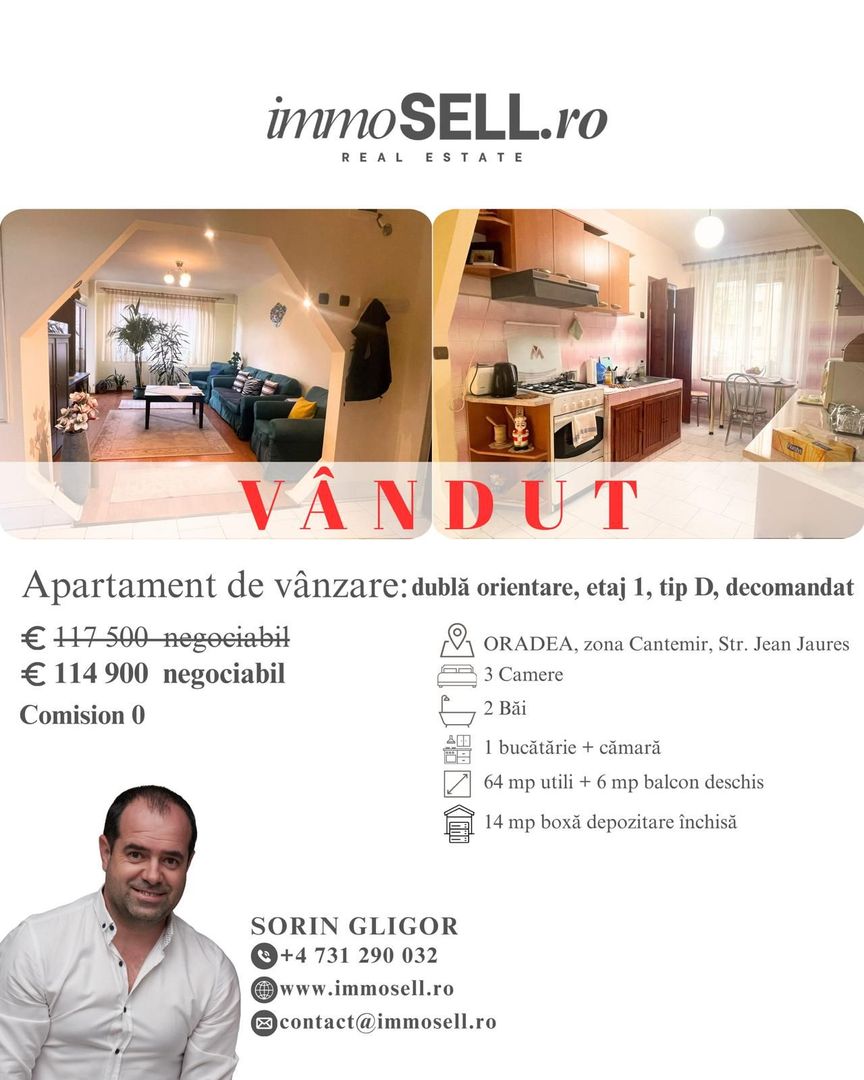 Ap cu 3 camere de vânzare | Cantemir, str. Jean Jaures | Etaj 1 - Poză 1