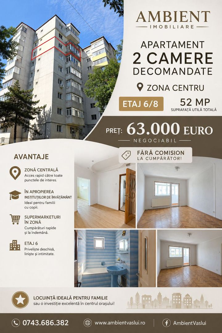 Apartament cu 2 camere, etaj 6 cu lift, VASLUI - zona CENTRU - AUROCOR; - Poză 1