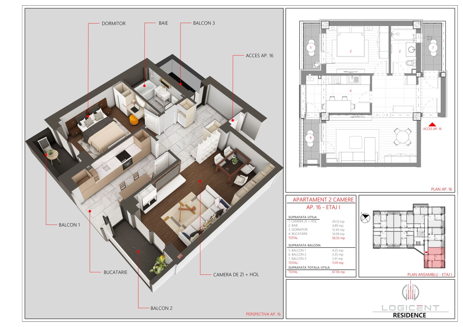 APARTAMENT NOU - 2 camere, ETAJ 1, Complex LOGICENT; - Poză 1