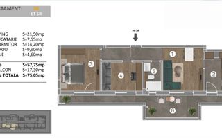 Apartament nou, 3 camere + balcon generos, zona Parc Tudor Arghezi - Schiță 7