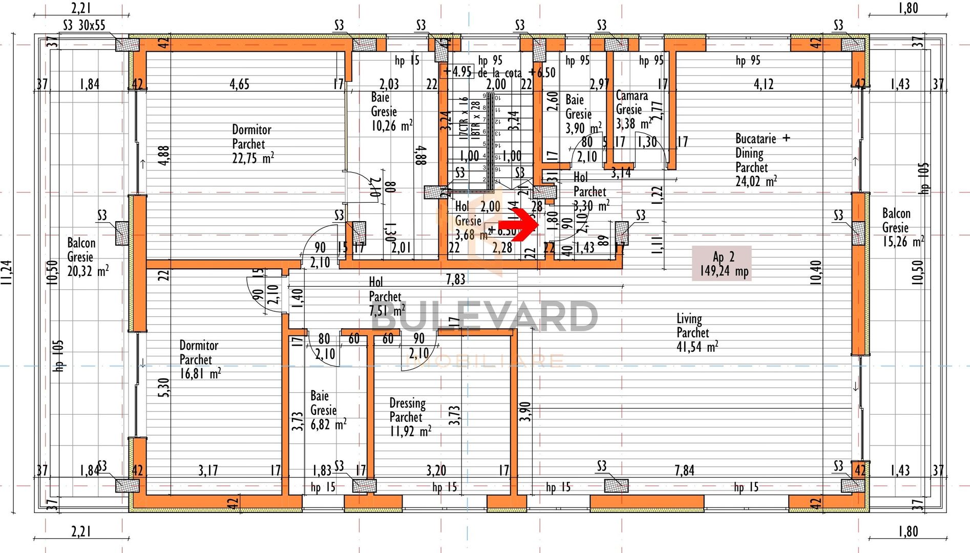 Penthouse 150 mp utili+ terase 200 mp+ 2 parcari subterane +curte 120 mp - Schiță 22