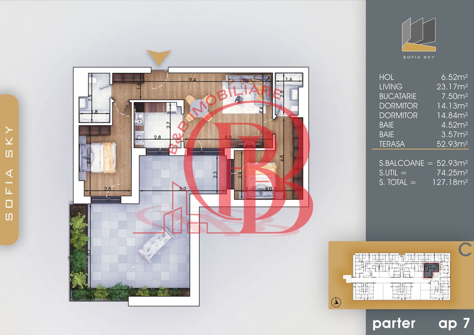 3 camere cu terasa 53mp 7min Metrou Nicolae Teclu - Schiță 3