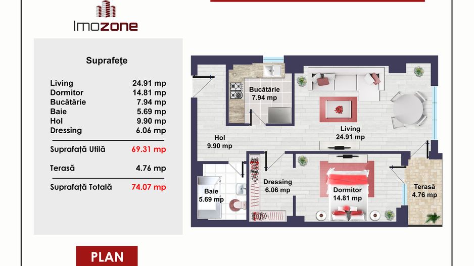 Ansamblul Primavara, 2 camere, decomandat, 74mp, finisat modern si centrala noua - Poză 3