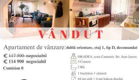 Ap cu 3 camere de vânzare | Cantemir, str. Jean Jaures | Etaj 1