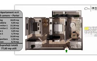 Apartament 3 camere, 75 mp utili + balcon, orientare Sud-Vest - Poză 1
