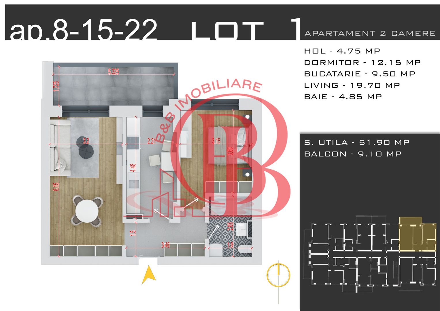 2 camere decomandat -parcare inclusa -Pallady - Schiță 2