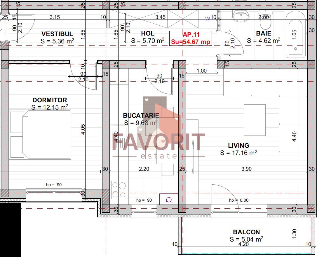 Etaj 2. Disponibil imediat. Decomandat. TVA 21% inclus in pret - Schiță 13