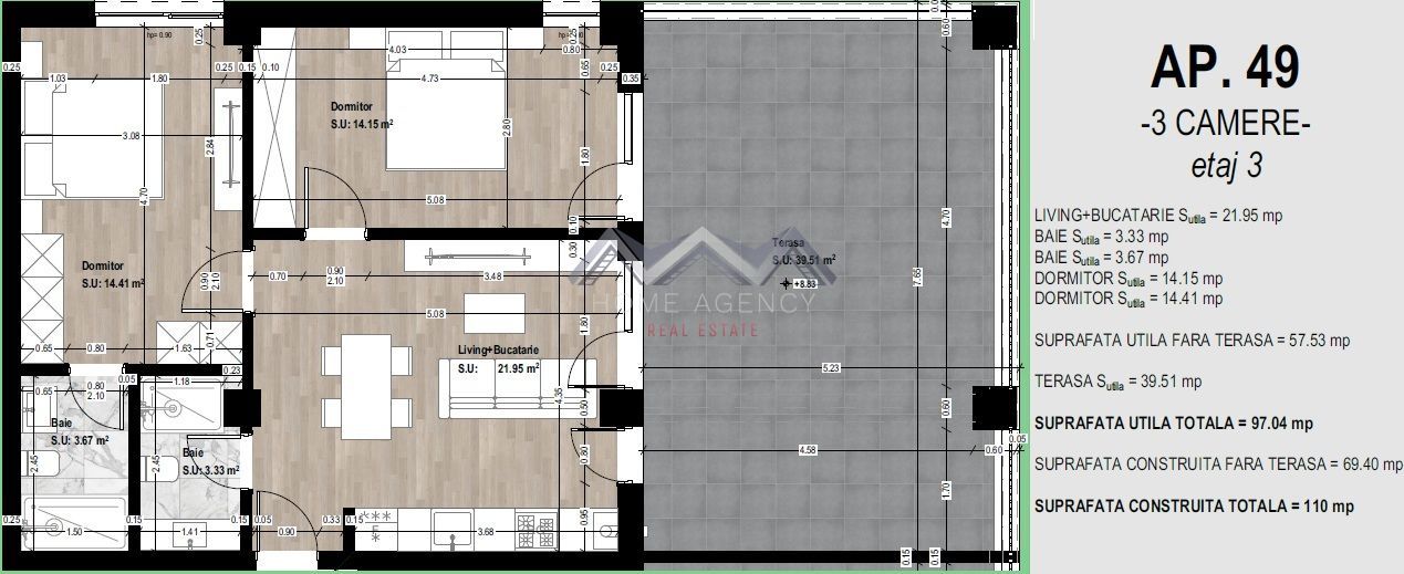 Apartament 3 camere + terasă 40 mp | Preț imbatabil în Otopeni - Schiță 7