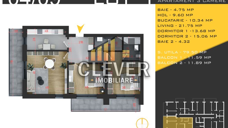 3 Camere - Metrou Teclu - Încălzire în Pardoseală - Finisaje la Alegere - Schiță 11