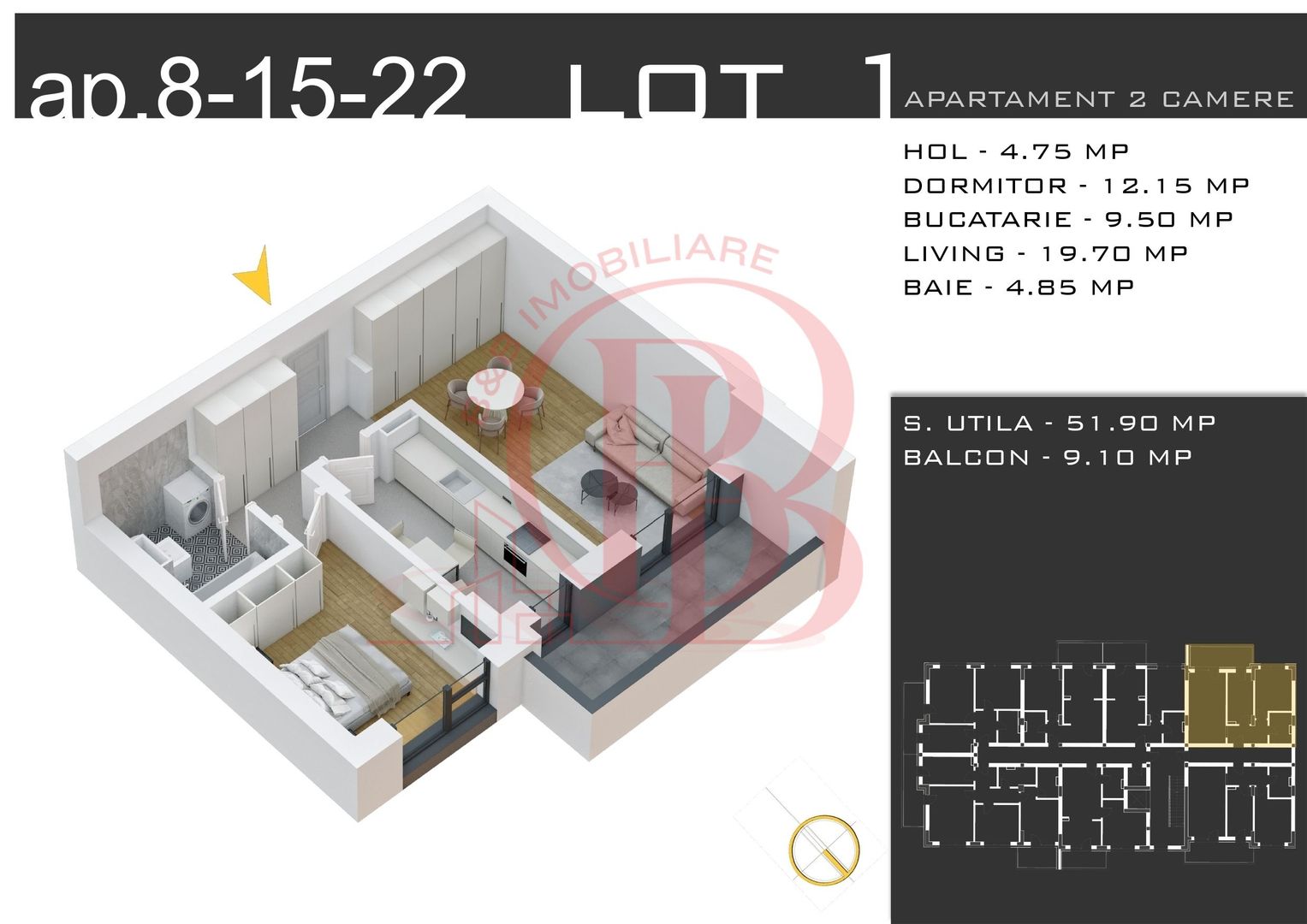 2 camere decomandat -Loc Parcare Gratuit -Th. Pallady - Schiță 1