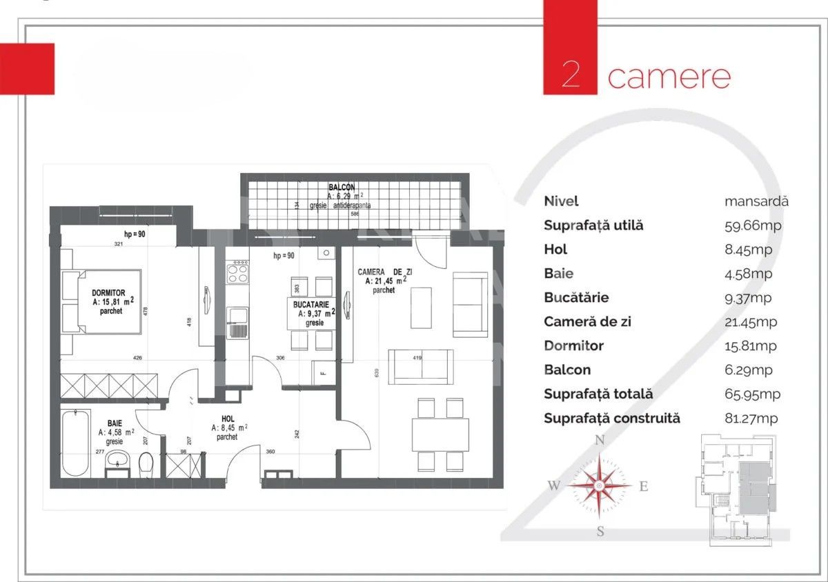 Apartament 2 camere, Mansarda, Coder Residence - Schiță 14