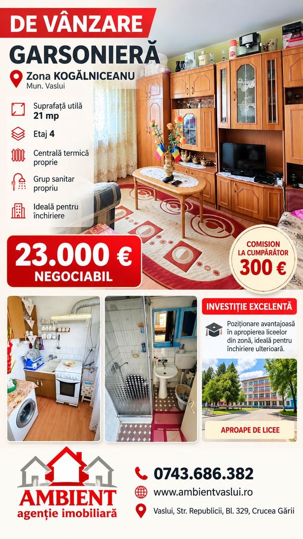 Garsonieră 21 mp, etaj 4, VASLUI zona KOGALNICEANU; - Poză 1