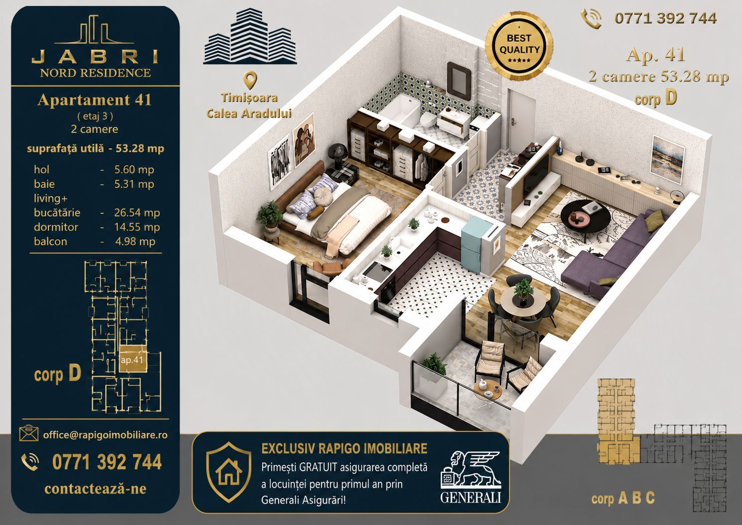 Apartament 41, Corp D – 2 camere | 53,28 mp | Etaj 3 | Jabri Nord Resi - Poză 1