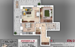 Apartament 2 camere spatios | Balcon 23 mp | 0% comision - Schiță 12