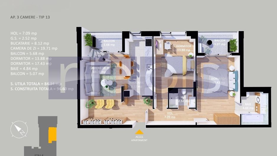 VANZARE APARTAMENT LA CHEIE | 3CAMERE | 84.3MP | TERASA 54MP | PARCARE - Schiță 18