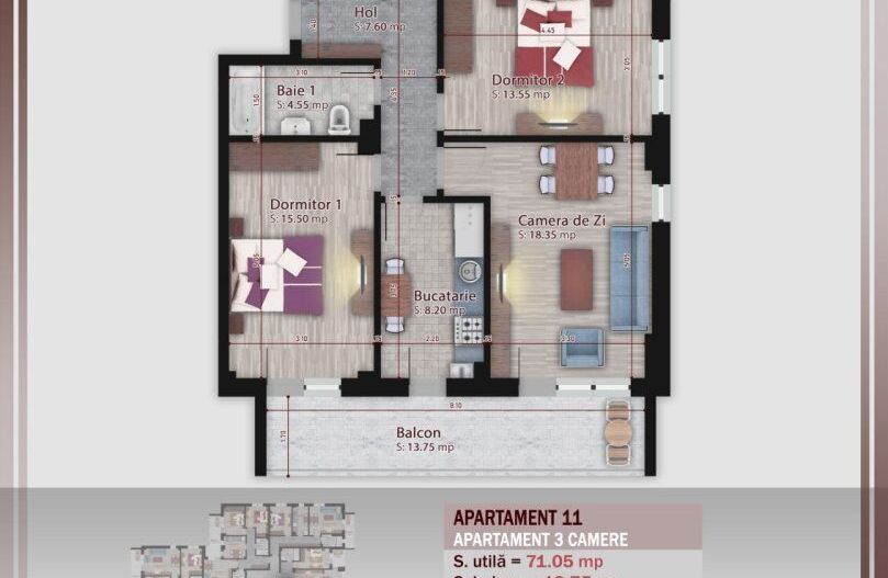 3 camere -proiect nou- Metrou Nicolae Teclu - Schiță 10