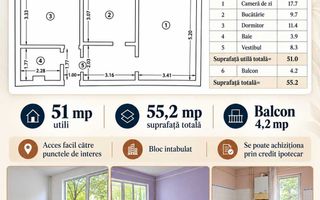 Apartament 2 camere decomandat, 51 mp utili + balcon, Iași - 120.000 € - Poză 1