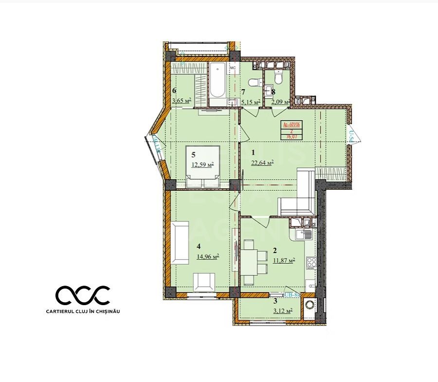 Vânzare apartament, 2 camere, Cartierul Cluj, strada Ceucari, Râșcani - Poză 2