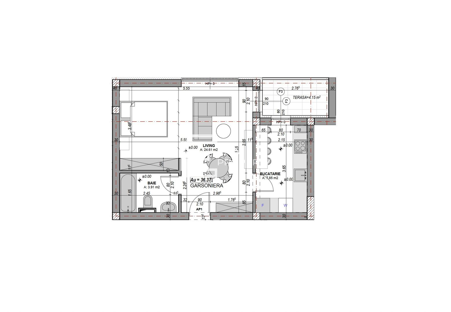 Garsonieră cu bucătărie separată – 36.37 mp utili + balcon– DaVinci Homes, Sibiu - Schiță 9