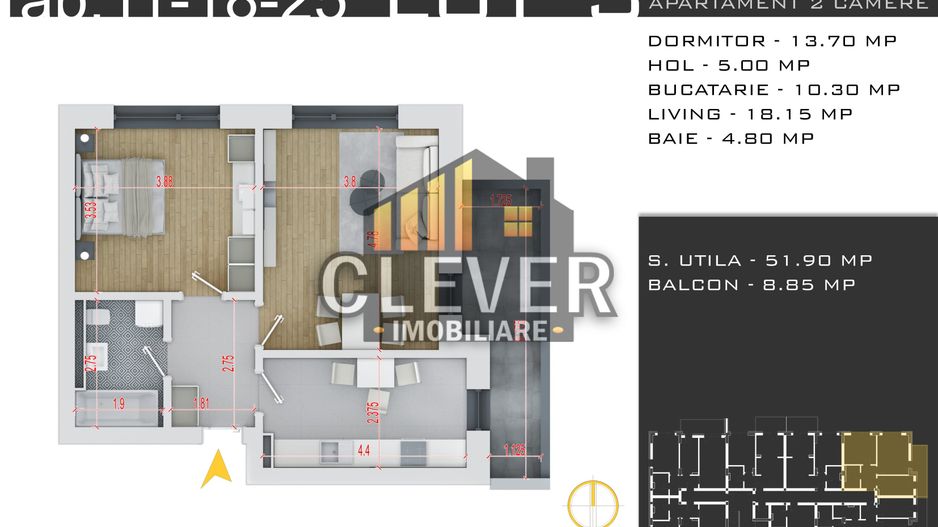 Apartament 2 Camere Decomandat, Comision 0%, Metrou Teclu – Pallady - Schiță 8