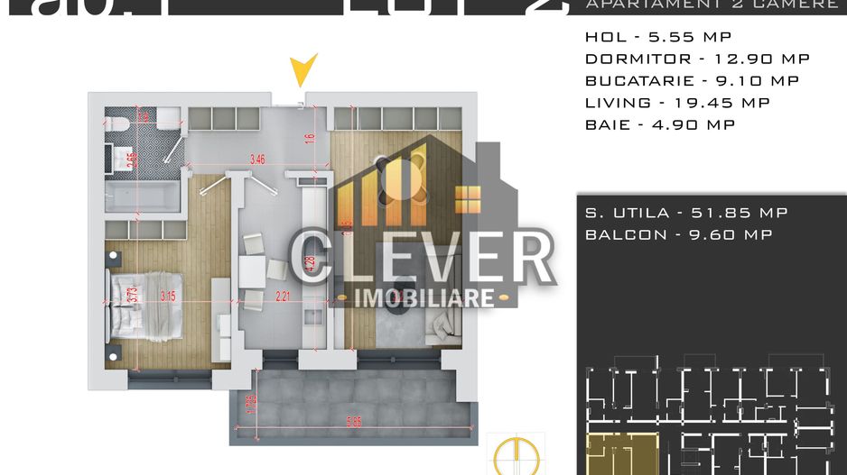 Apartament 2 camere decomandat 61 mp, comision 0, Pallady - Schiță 12
