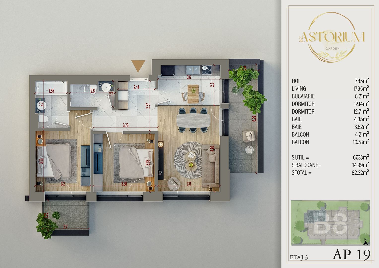 3 camere finisat in complex de lux cu piscina exterioara Titan Pallady - Schiță 1