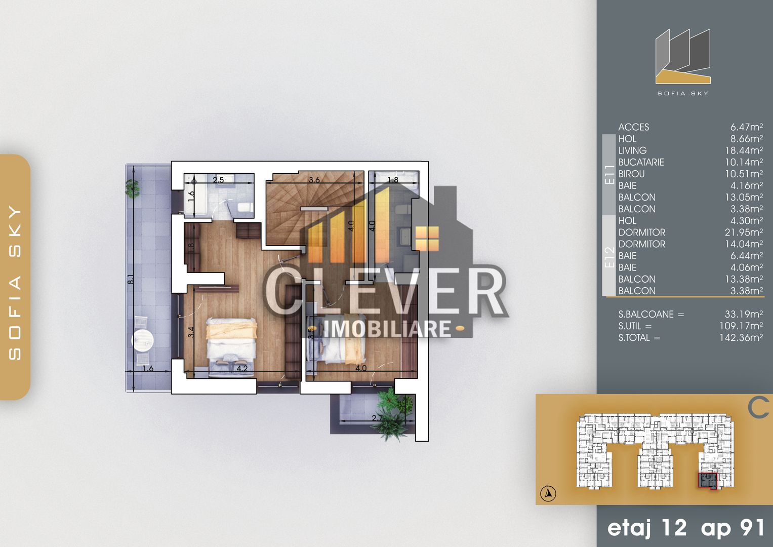 Duplex 4 camere | 109 mp | 33 mp balcoane | Pallady | Comision 0% - Schiță 4