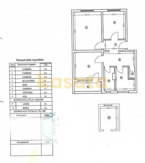 3 camere decomandat | Etaj 3/4 | Balcon 4,5 mp | Boxă cadastrală 7 mp - Schiță 1