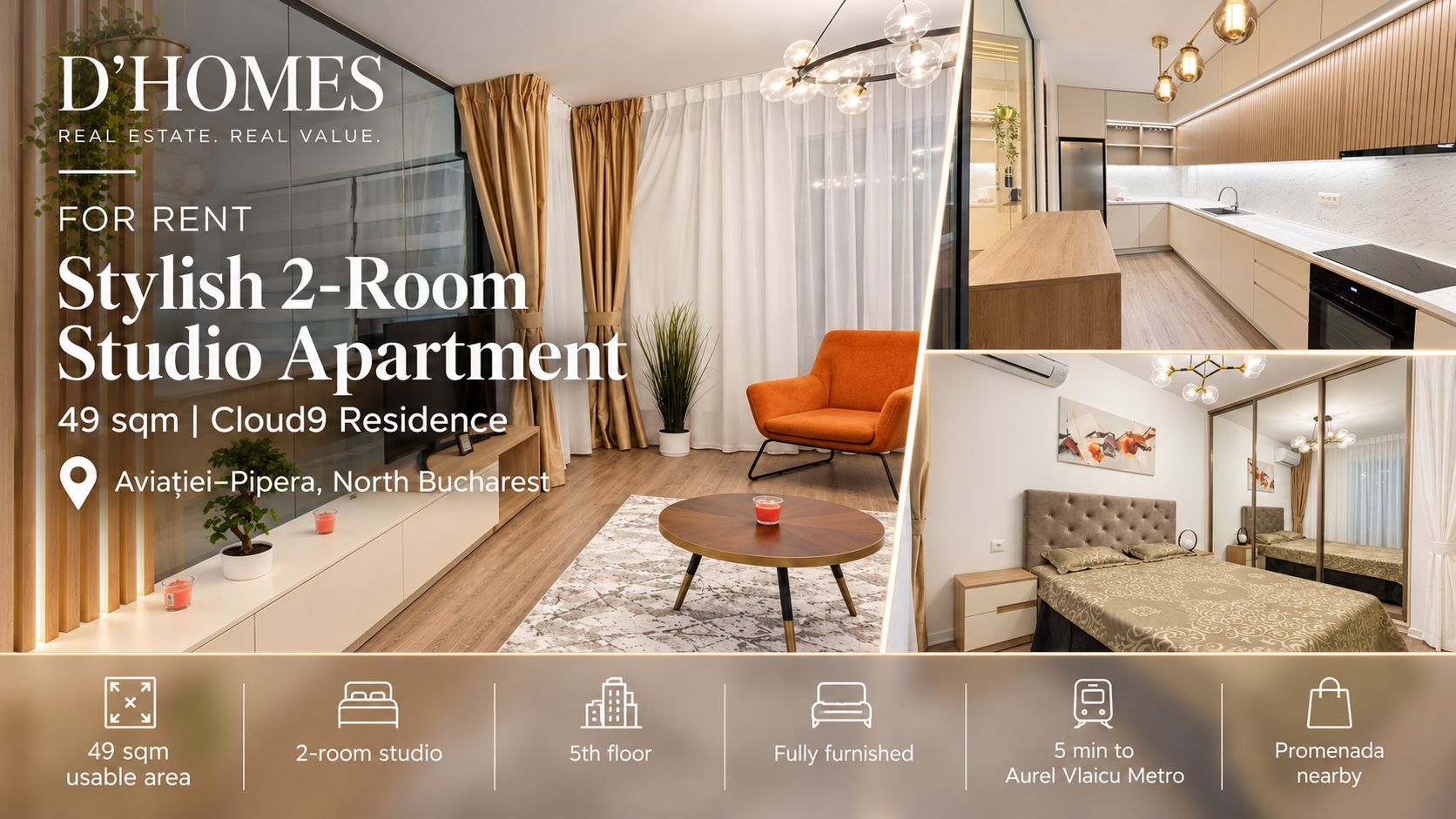 For Rent | Luxury 2-Room Studio | 49 sqm | Cloud9 Residence - Poză 1