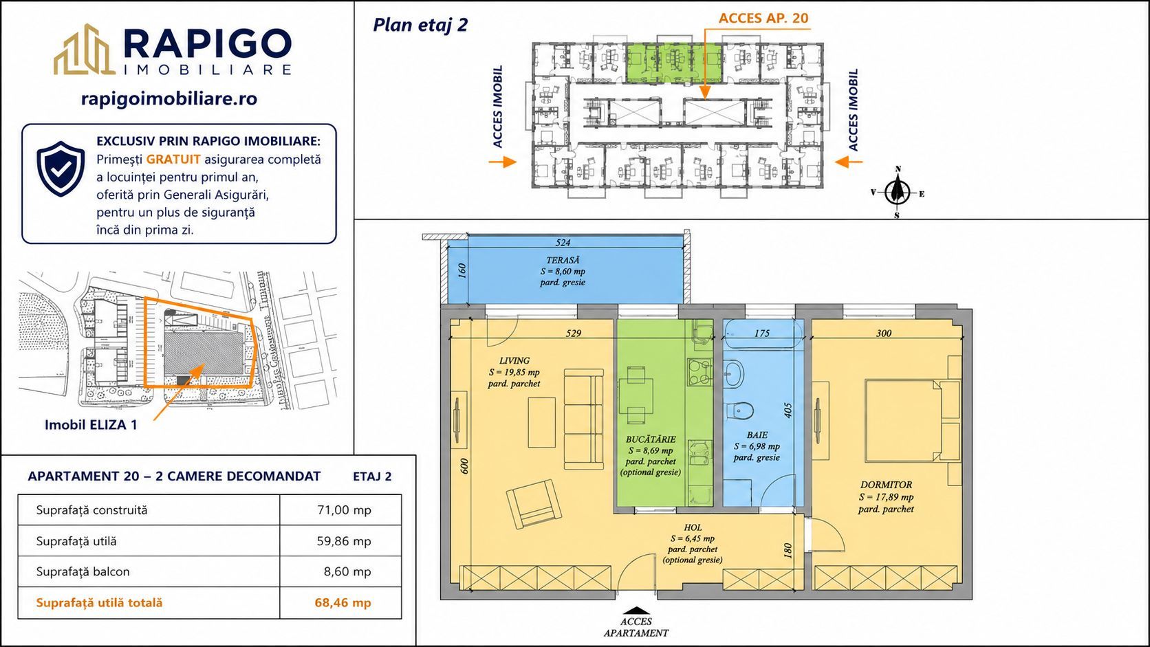 Apartamentul nr. 20 | 2 camere decomandat | Etaj 2 | Terasă 8,60 mp | - Poză 1