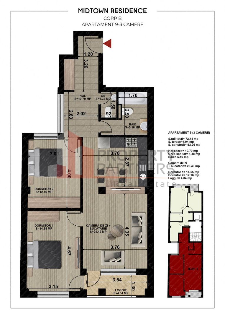Apartament 3 camere - Matei Voievod 114. Comision 0 - Schiță 13