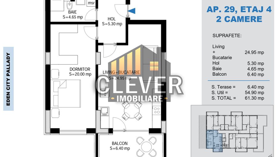2 Camere Pallady, Dormitor 20mp cu Dressing | Metrou Teclu - Schiță 8