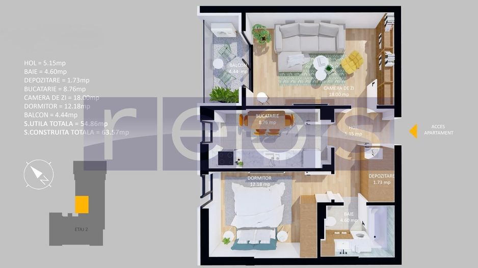 VANZARE APARTAMENT LA CHEIE-MOBILAT | 2 CAMERE | 55MP | TERASA-PARCARE - Schiță 14
